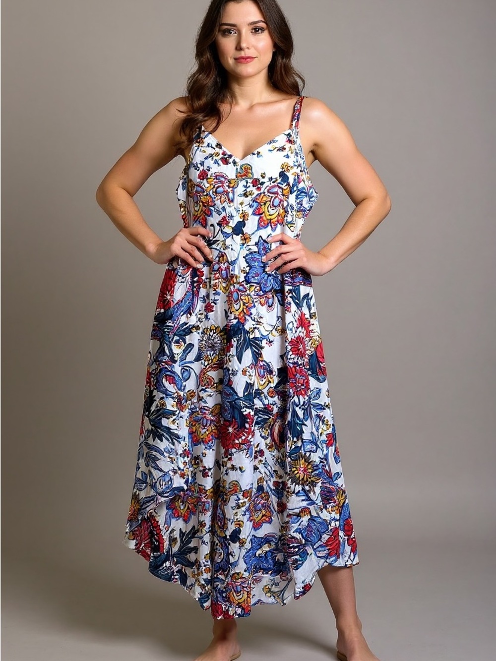 White Floral Jumpsuit with Blue & Red Print